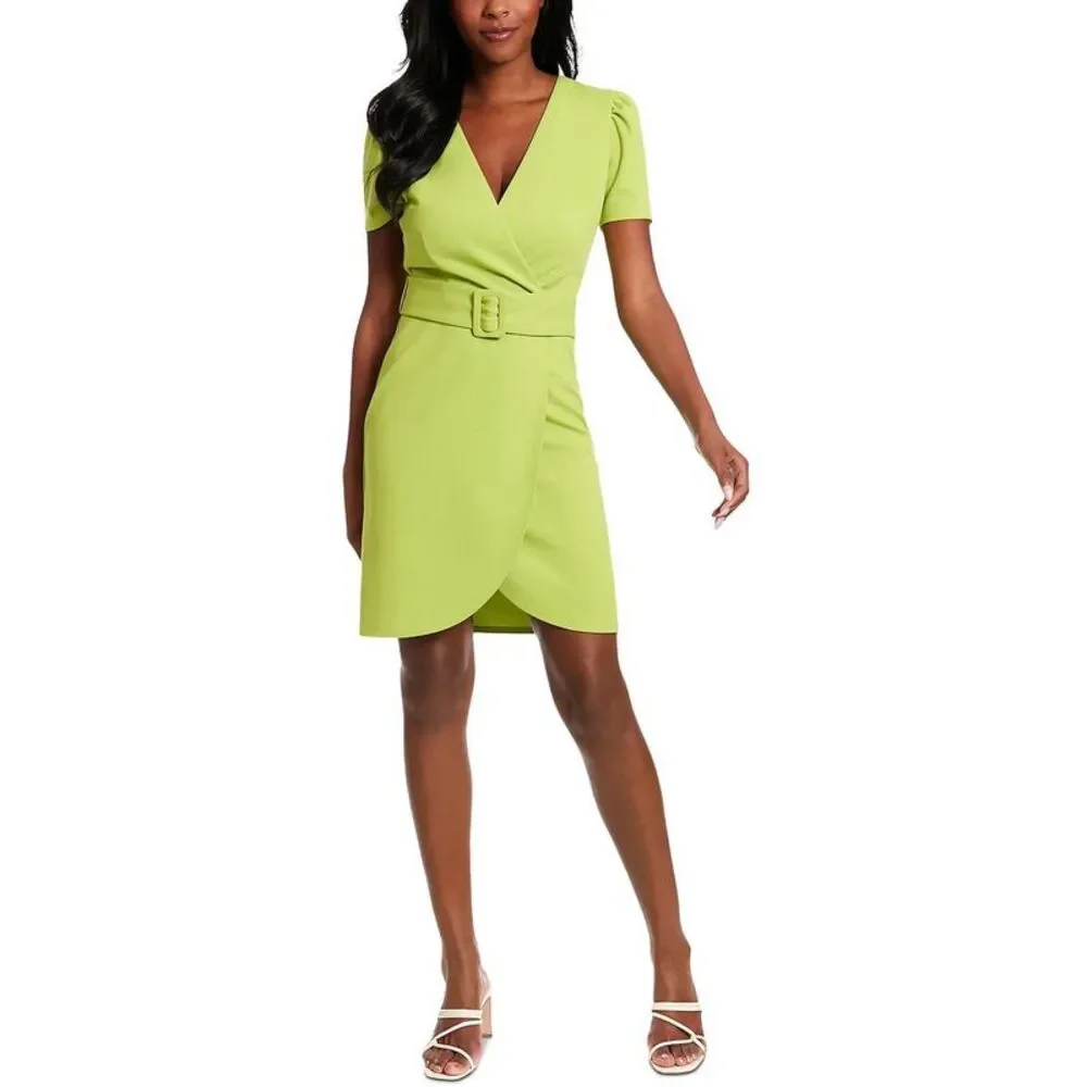 London Times Womens Green Surplice Puff Sleeve Short Mini Dress Petites NWT